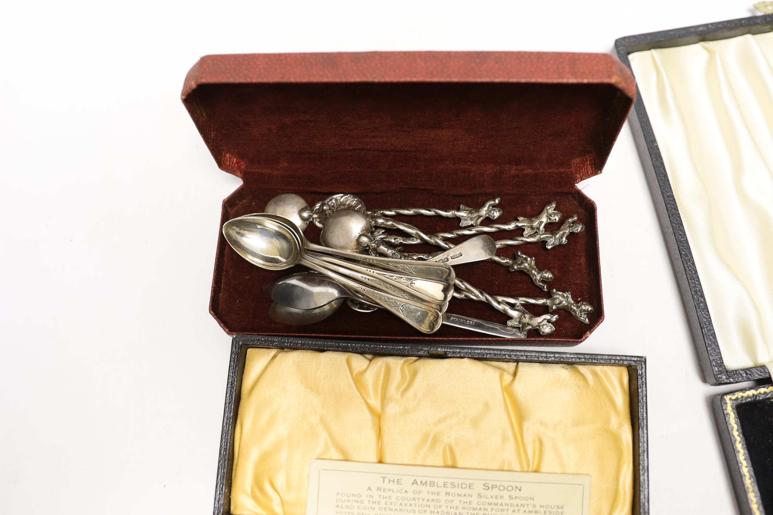 A cased set of six silver coffee spoons, a cased pair of 1920's preserve spoons and other sundry flatware.